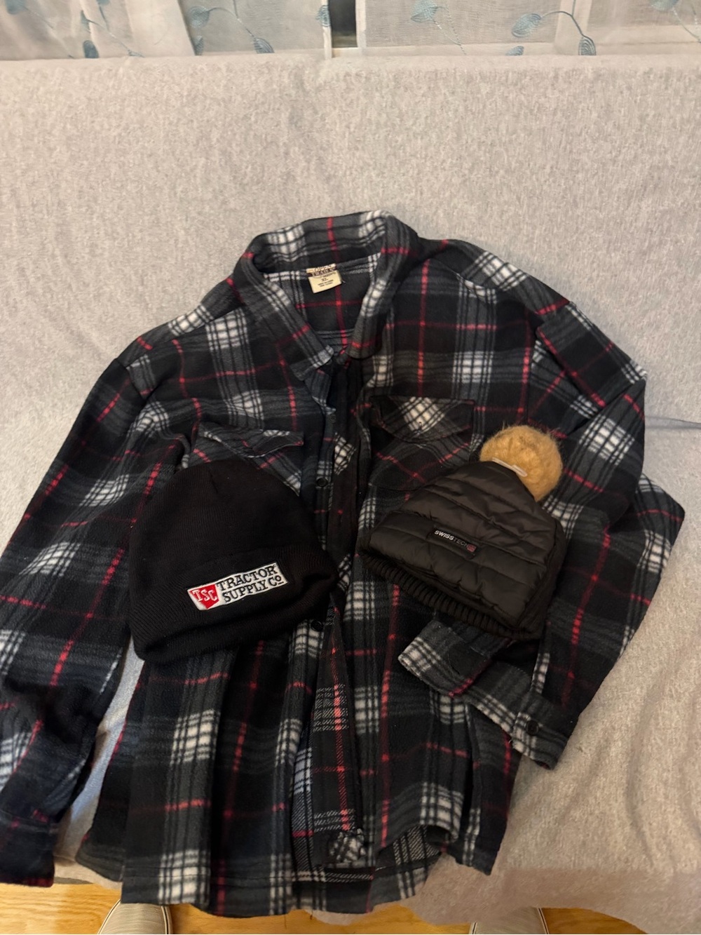 Winter warm bundle: 2 beanies and flannel shirt/jacket